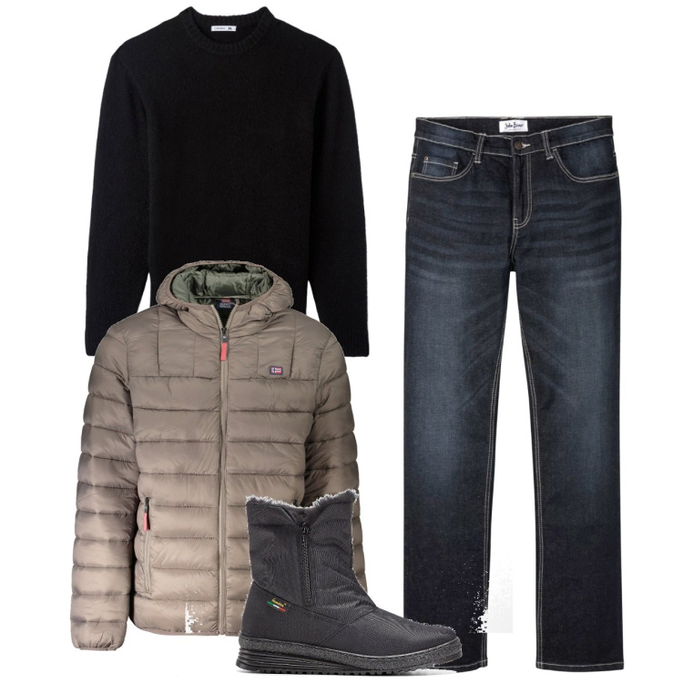 Outfit uomo - Con il piumino. Stile Casual per Tutti i giorni. Abbinamento con stivali e stivaletti, jeans bootcut, maglieria, giacche.