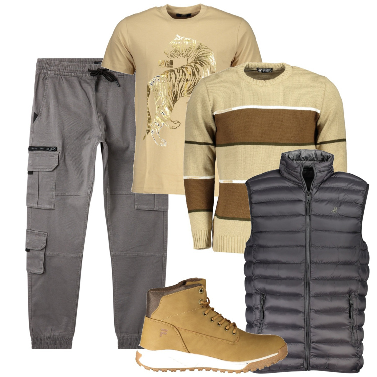 Outfit uomo - Urban cold. Stile Urban per Tutti i giorni. Abbinamento con pantaloni cargo, maglieria, stivali, t-shirt, giacche.