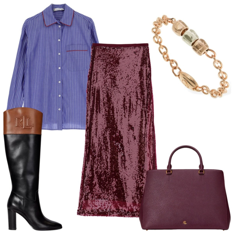 Outfit donna - Total look #1988491. Stile Trendy per Tutti i giorni. Abbinamento con camicie, gonne lunghe, borse a mano, stivali, anelli.