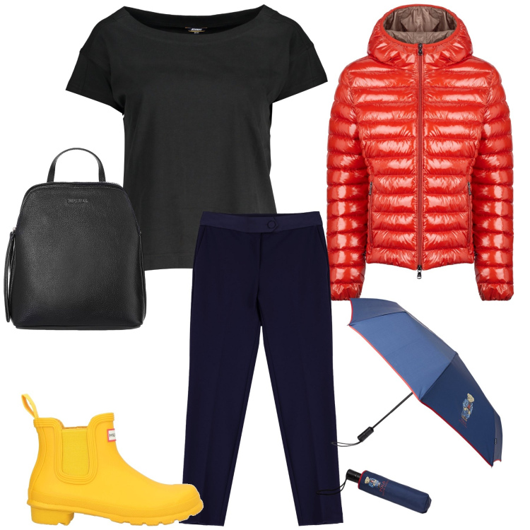 Outfit donna - Un po’ di colore sotto la pioggia. Stile Casual per Tutti i giorni. Abbinamento con stivaletti, pantaloni, zaini, borse tote, blazer, t-shirt.
