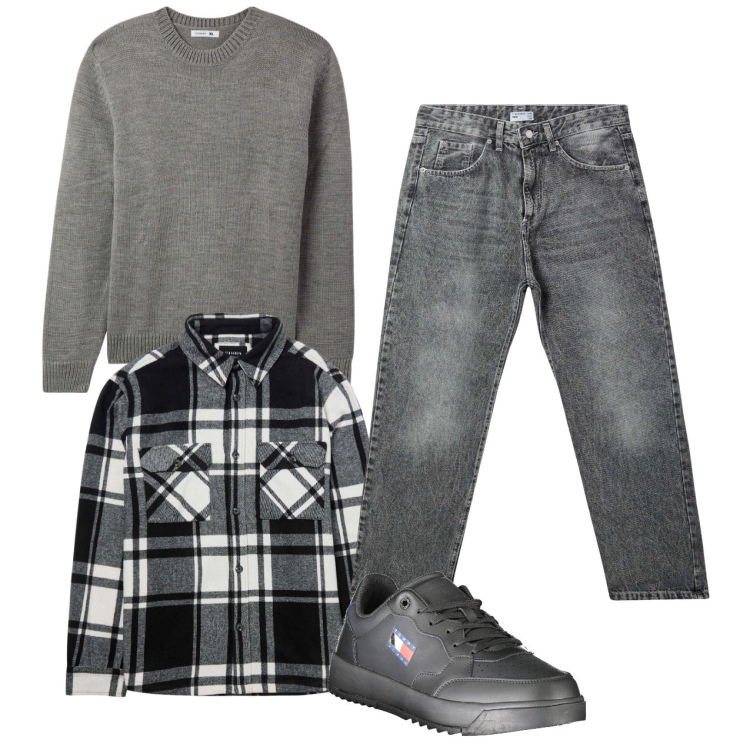 Outfit uomo - Cappotto tartan. Stile Casual per Tutti i giorni. Abbinamento con maglieria, cappotti, jeans, sneakers.
