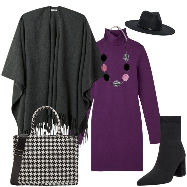 Outfit donna - Poncho season. Stile Casual chic per Ufficio. Abbinamento con cappe, vestiti midi/longuette, stivaletti, shopping bag, collane, cappelli.