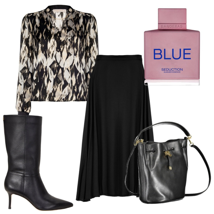 Outfit donna - Total look #1988505. Stile Trendy per Tutti i giorni. Abbinamento con profumi, bluse, gonne lunghe, stivali, borse a mano.