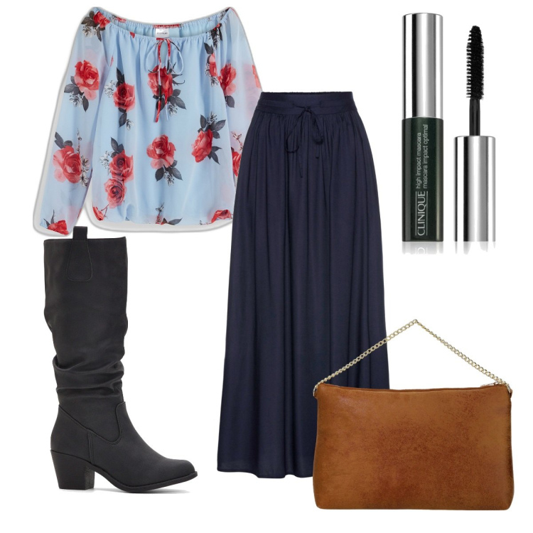 Outfit donna - Total look #1988509. Stile Trendy per Tutti i giorni. Abbinamento con stivali, gonne lunghe, bluse, mascara, pochette.