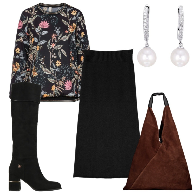 Outfit donna - Total look #1988514. Stile Trendy per Tutti i giorni. Abbinamento con bluse, stivali, orecchini, gonne longuette, borse a spalla.