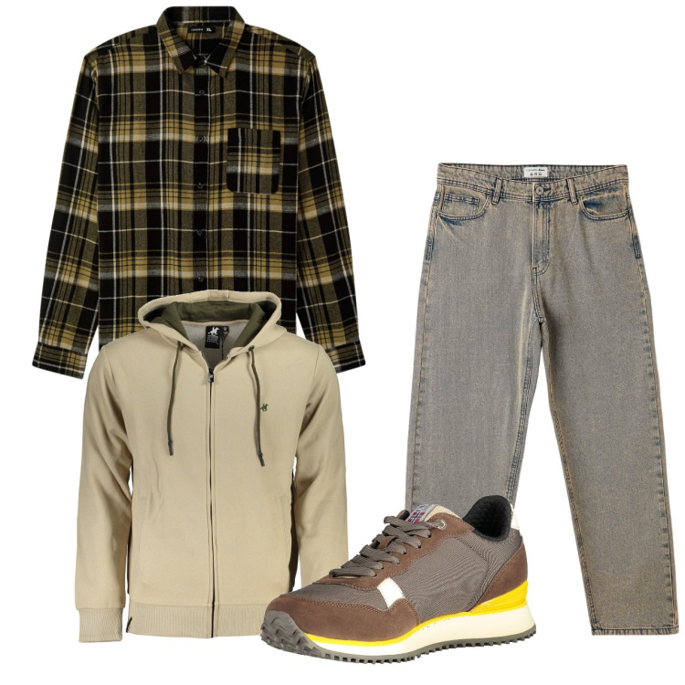 Outfit uomo - Tocchi di giallo. Stile Urban per Tutti i giorni. Abbinamento con camicie, jeans, felpe con cappuccio, sneakers.