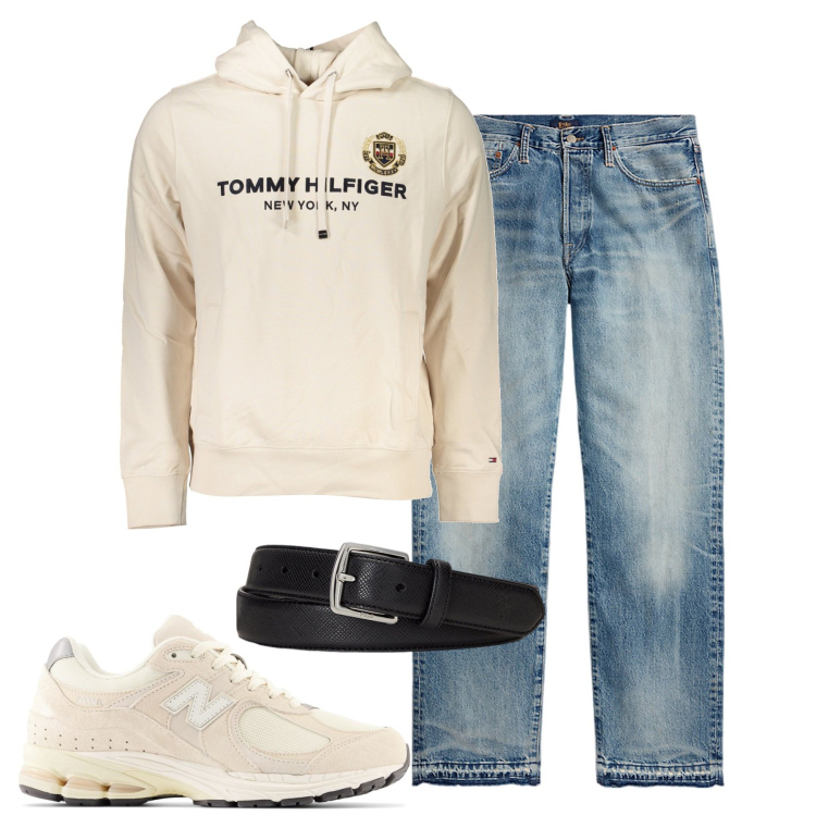Outfit uomo - City. Stile Casual per Tutti i giorni. Abbinamento con sneakers, cinture, jeans dritti, felpe con cappuccio.