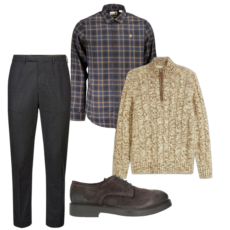 Outfit uomo - Ottobre. Stile Casual per Tutti i giorni. Abbinamento con maglieria, scarpe stringate, camicie, pantaloni.