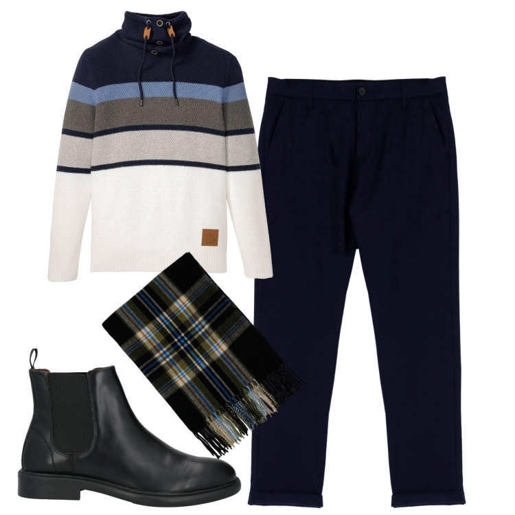 Outfit uomo - City. Stile Urban per Tutti i giorni. Abbinamento con maglieria, stivali e stivaletti, pantaloni, sciarpe.