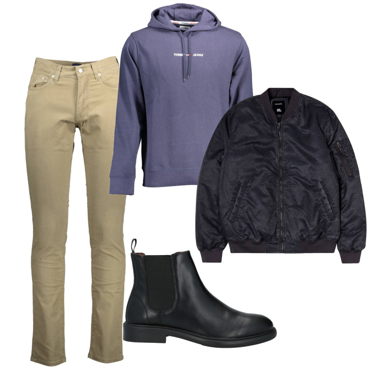 Outfit uomo - Ottobre. Stile Casual per Tutti i giorni. Abbinamento con stivali e stivaletti, bomber, pantaloni, felpe con cappuccio.