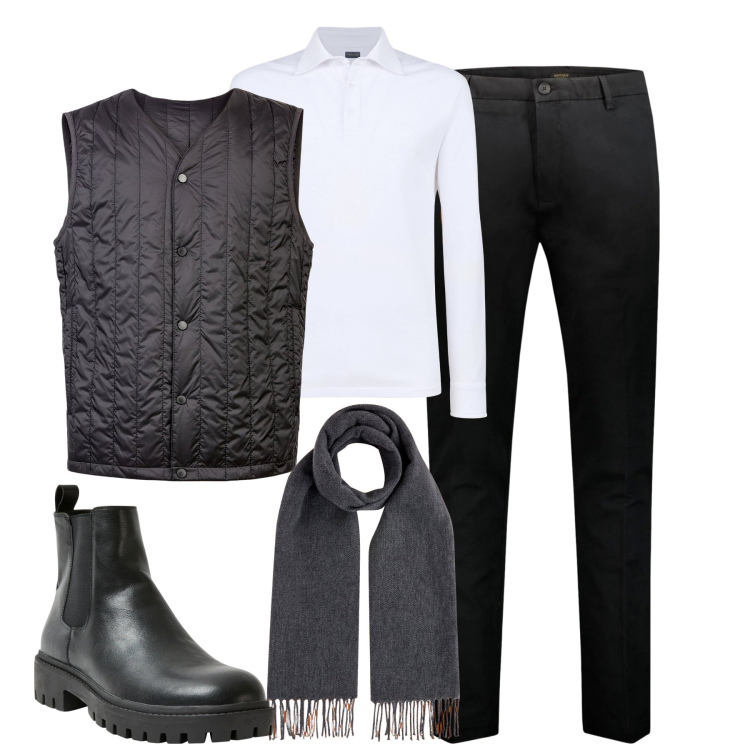 Outfit uomo - City. Stile Urban per Tutti i giorni. Abbinamento con stivali e stivaletti, piumini, polo, pantaloni, sciarpe.