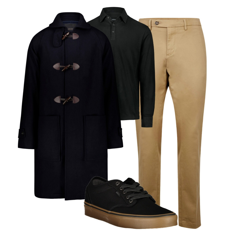 Outfit uomo - City. Stile Urban per Tutti i giorni. Abbinamento con pantaloni chino, montgomery, polo, sneakers.
