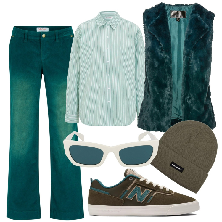Outfit donna - Domenica relax. Stile Casual per Tutti i giorni. Abbinamento con pantaloni, gilet, camicie, sneakers, berretti, occhiali da sole.