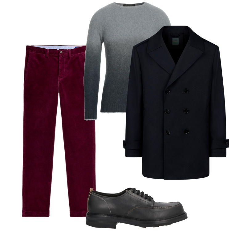 Outfit uomo - Fine ottobre. Stile Casual per Tutti i giorni. Abbinamento con pullovers, scarpe stringate, pantaloni, caban.