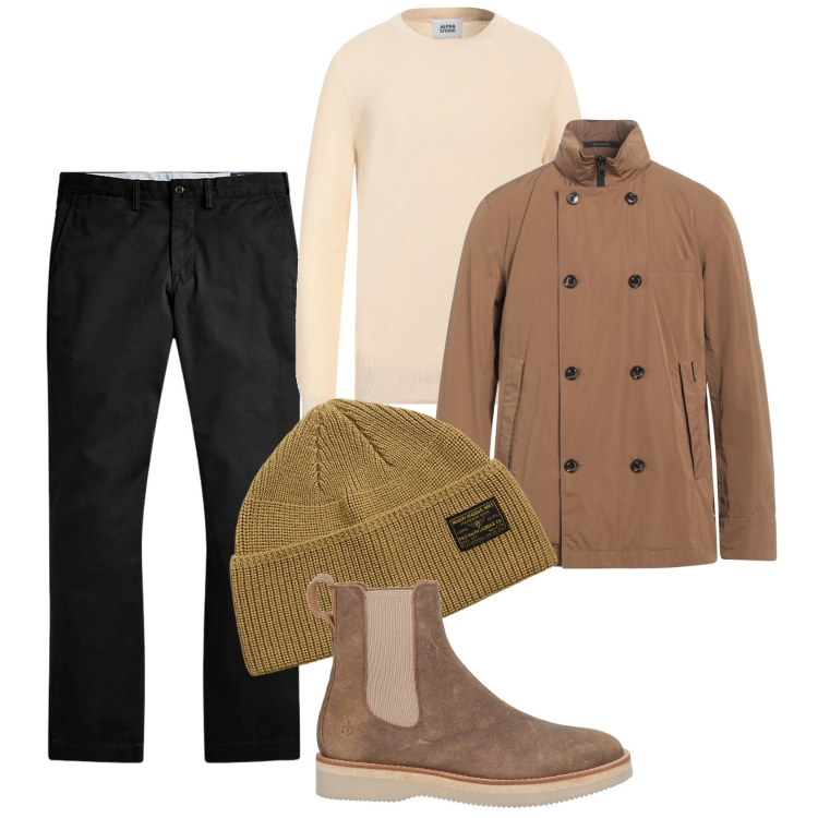 Outfit uomo - Coat doppiopetto. Stile Trendy per Tutti i giorni. Abbinamento con stivali e stivaletti, trench, pullovers, pantaloni, berretti.