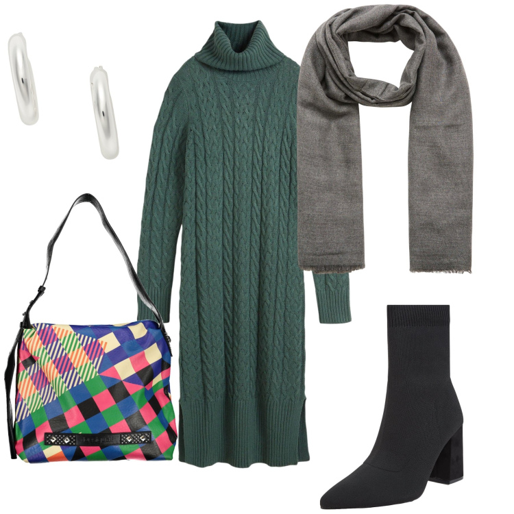 Outfit donna - Abito pullover. Stile Basic per Tutti i giorni. Abbinamento con vestiti midi/longuette, stivaletti, sciarpe, orecchini, borse a spalla.