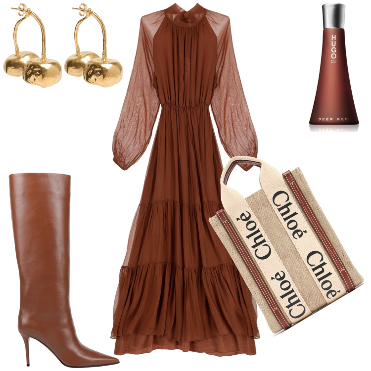 Outfit donna - Stivali a novembre. Stile Chic per Serata fuori. Abbinamento con stivali, profumi, vestiti lunghi, orecchini, borse a mano.