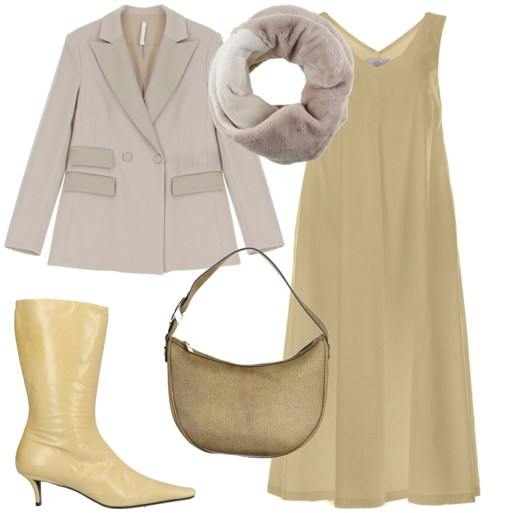 Outfit donna - Stivali a novembre. Stile Chic per Serata fuori. Abbinamento con sciarpe, stivali, blazer, vestiti lunghi, borse a spalla.