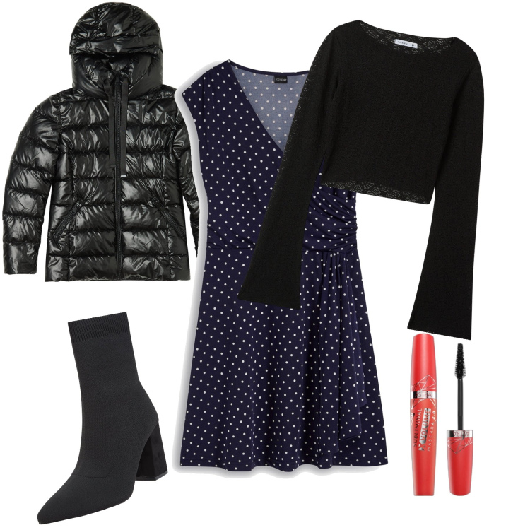 Outfit donna - Total look. Stile Urban per Tutti i giorni. Abbinamento con vestiti, mascara, stivaletti, t-shirt, blazer.