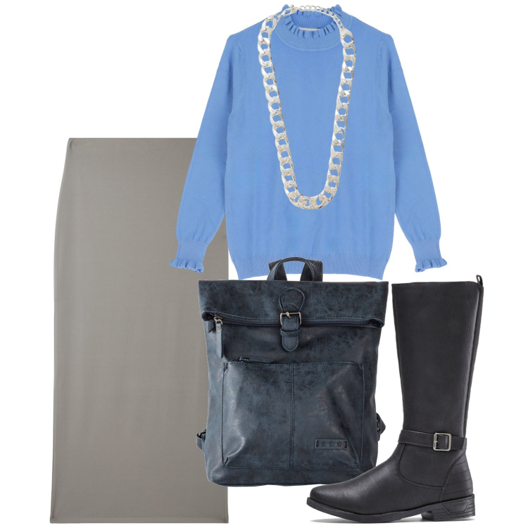 Outfit donna - Il tubino e il pull azzurro. Stile Chic per Ufficio. Abbinamento con stivali, zaini, gonne lunghe, collane, maglieria.
