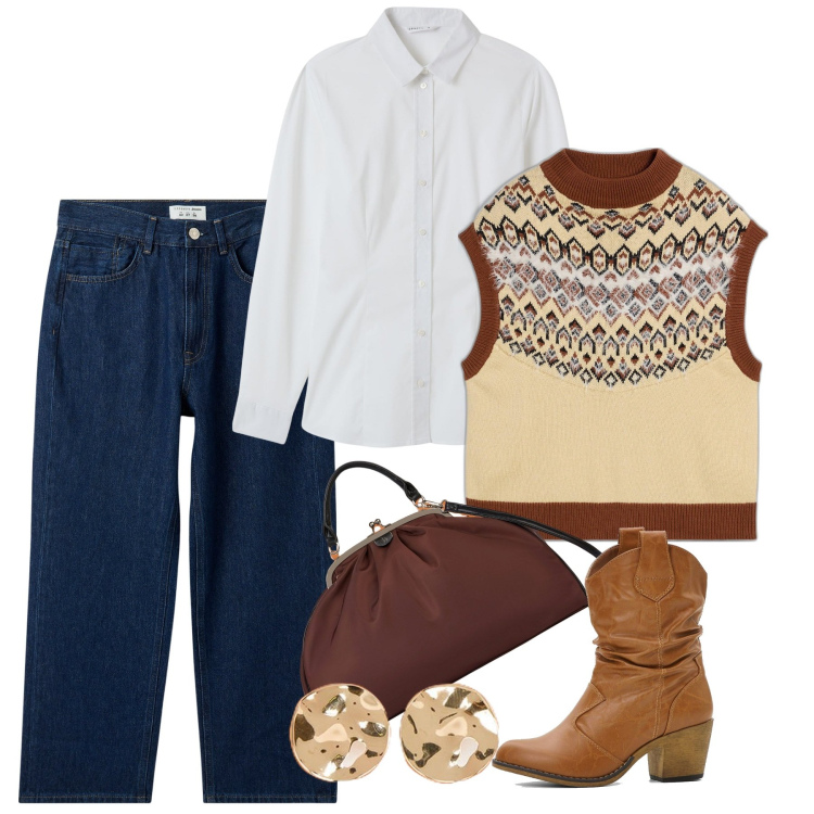 Outfit donna - Coi jeans tutto è possibile. Stile Bon Ton per Tutti i giorni. Abbinamento con stivaletti texani, maglieria, jeans dritti, camicie, borse a spalla, orecchini.