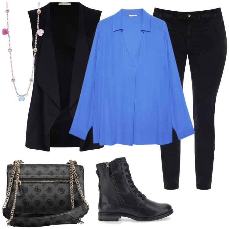 Outfit donna - Blusa blu. Stile Casual per Tutti i giorni. Abbinamento con collane, gilet, jeans dritti, anfibi, bluse, borse a spalla.