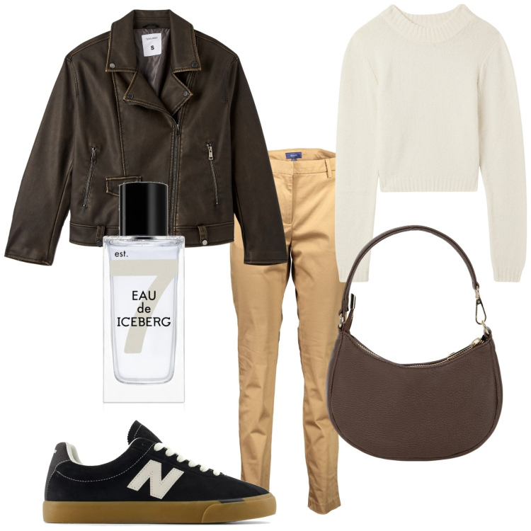 Outfit donna - In casual. Stile Casual per Tutti i giorni. Abbinamento con profumi, sneakers, giacche, maglieria, borse a spalla, pantaloni.