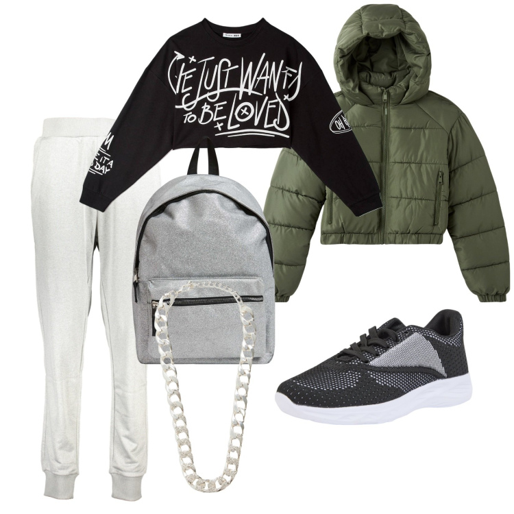 Outfit donna - I\'m young. Stile Urban per Tutti i giorni. Abbinamento con sneakers, t-shirt, blazer, zaini, collane, pantaloni.