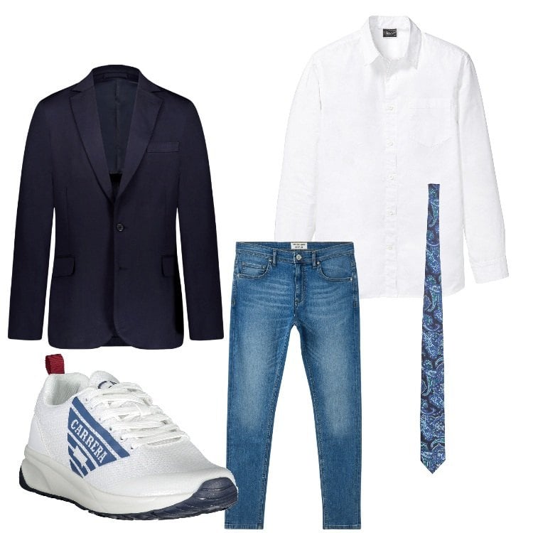 Outfit uomo - Eleganza casual. Stile Business/Elegante per Ufficio. Abbinamento con camicie, jeans slim fit, giacche, sneakers, cravatte.