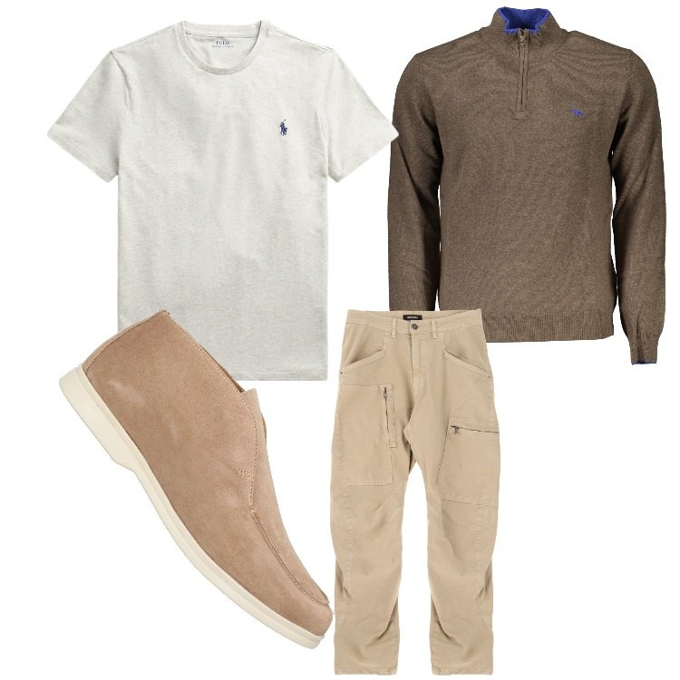 Outfit uomo - Marrone casual. Stile Casual per Tutti i giorni. Abbinamento con stivali e stivaletti, pantaloni cargo, t-shirt, maglieria.