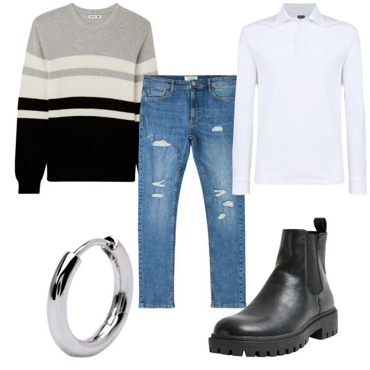 Outfit uomo - Total look #1988686. Stile Casual per Tutti i giorni. Abbinamento con jeans strappati, maglieria, stivali e stivaletti, orecchini, polo.