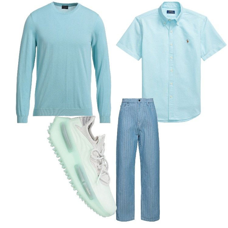 Outfit uomo - Verde acqua. Stile Casual per Tutti i giorni. Abbinamento con sneakers, pullovers, camicie, jeans.