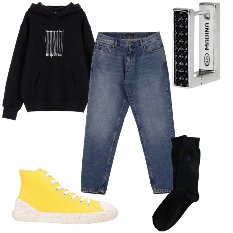 Outfit uomo - Total look #1988690. Stile Urban per Tutti i giorni. Abbinamento con sneakers alte, orecchini, felpe con cappuccio, jeans, calzini.