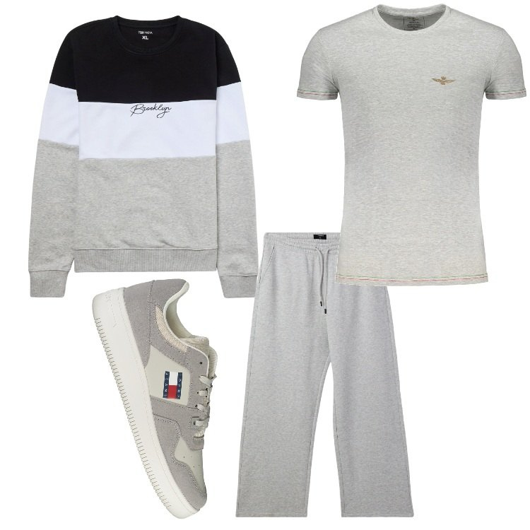 Outfit uomo - Grigio sport. Stile Casual per Sport. Abbinamento con felpe, pantaloni, sneakers, t-shirt.