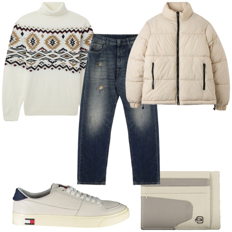 Outfit uomo - Total look #1988696. Stile Casual per Tutti i giorni. Abbinamento con maglieria, piumini, jeans strappati, sneakers, portafogli.