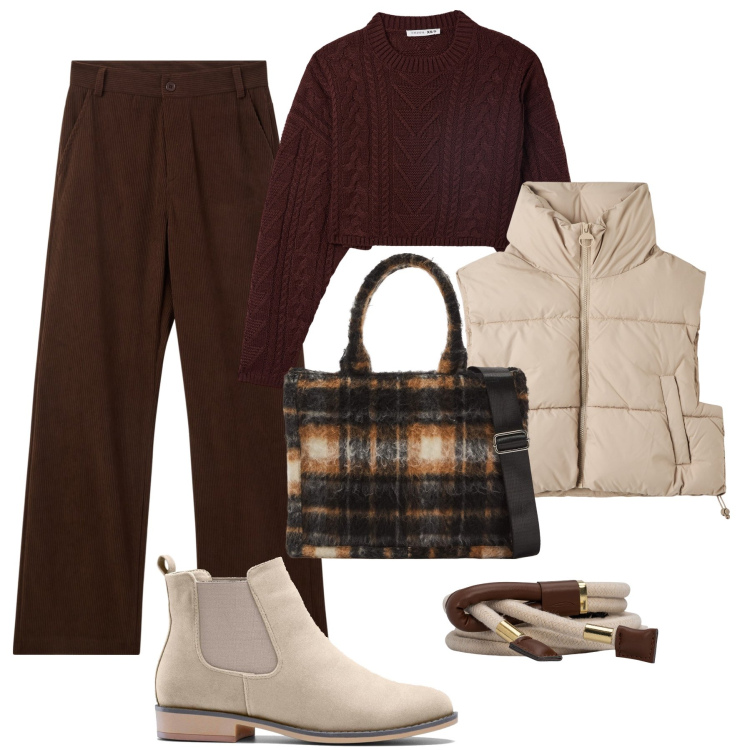 Outfit donna - In pieno autunno. Stile Casual per Tutti i giorni. Abbinamento con stivaletti chelsea, pantaloni, shopping bag, piumini, maglieria, cinture.