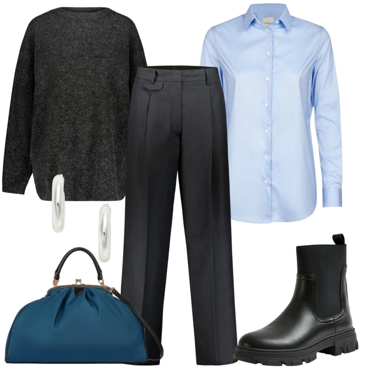 Outfit donna - La borsa ottanio. Stile Mannish per Ufficio. Abbinamento con stivaletti chelsea, orecchini, maglieria, pantaloni, camicie, borse a spalla.