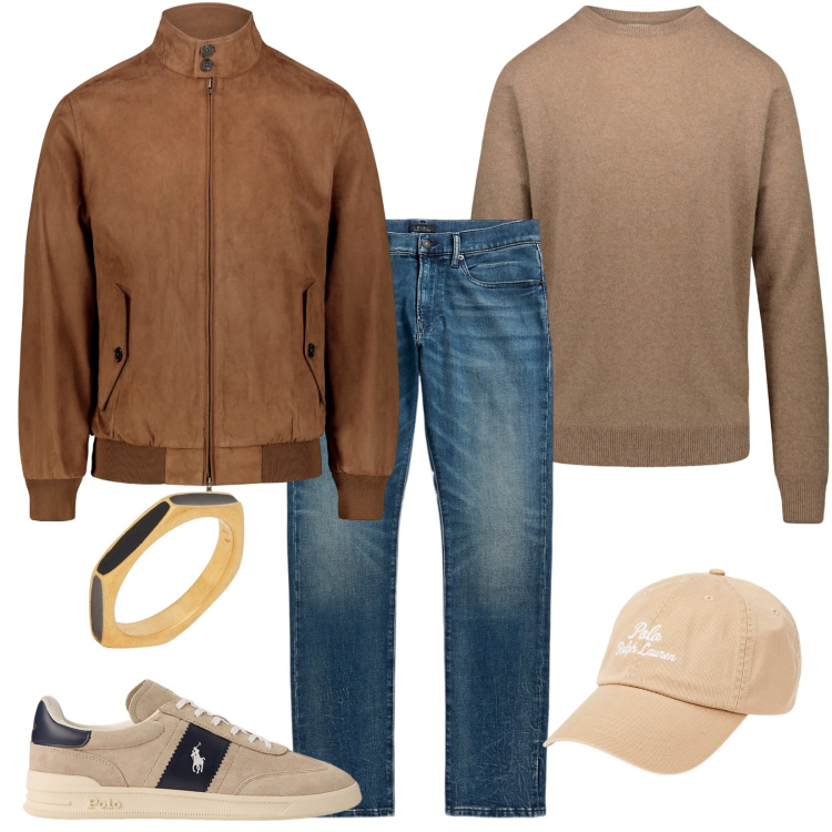 Outfit uomo - Il bomber in suede. Stile Casual per Tutti i giorni. Abbinamento con anelli, sneakers, jeans, cappelli, maglieria, giacche.