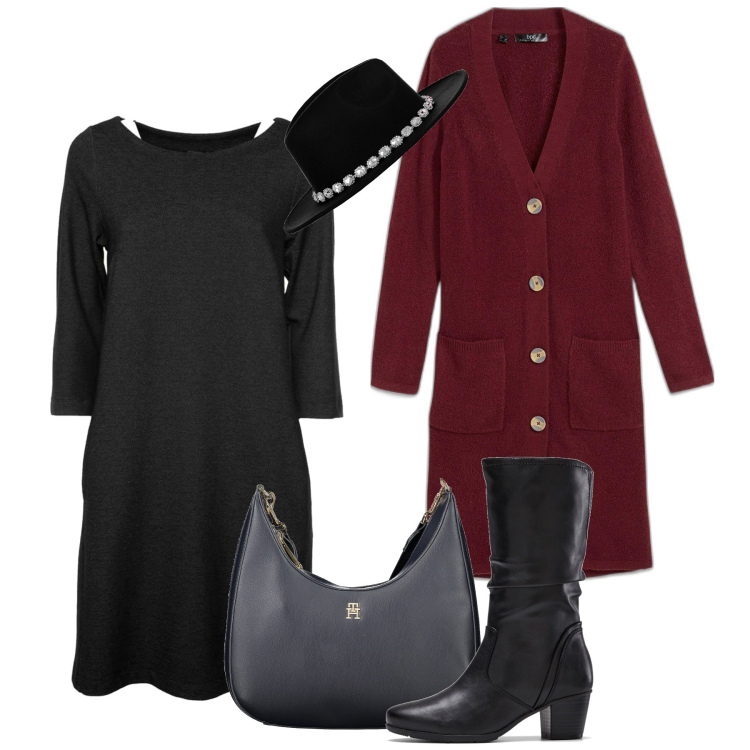 Outfit donna - In cardigan. Stile Bon Ton per Ufficio. Abbinamento con stivali, cardigans, cappelli, vestiti corti, borse a tracolla.