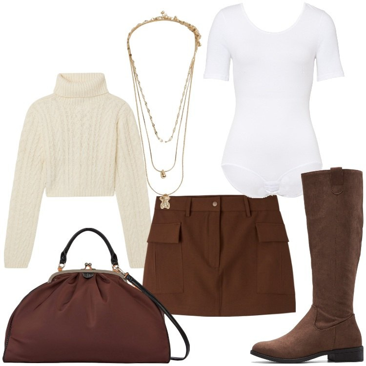 Outfit donna - Mini gonna. Stile Casual chic per Serata fuori. Abbinamento con stivali, body, gonne, maglieria, ciondoli, borse a spalla.