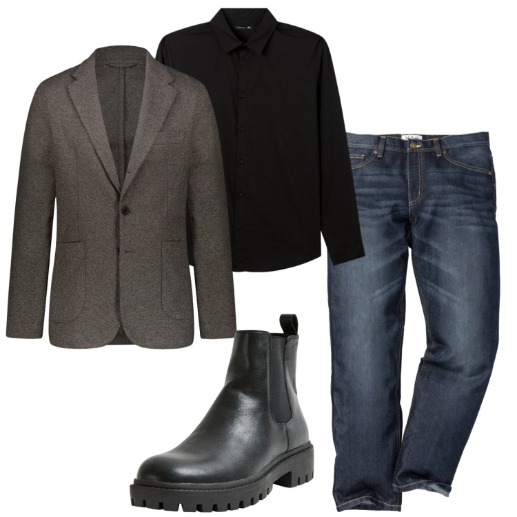Outfit uomo - In giacca. Stile Trendy per Serata speciale. Abbinamento con jeans dritti, stivali e stivaletti, camicie, giacche.