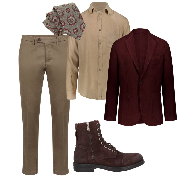 Outfit uomo - Marrone. Stile Business/Elegante per Tutti i giorni. Abbinamento con stivali e stivaletti, cravatte, pantaloni chino, giacche, camicie.