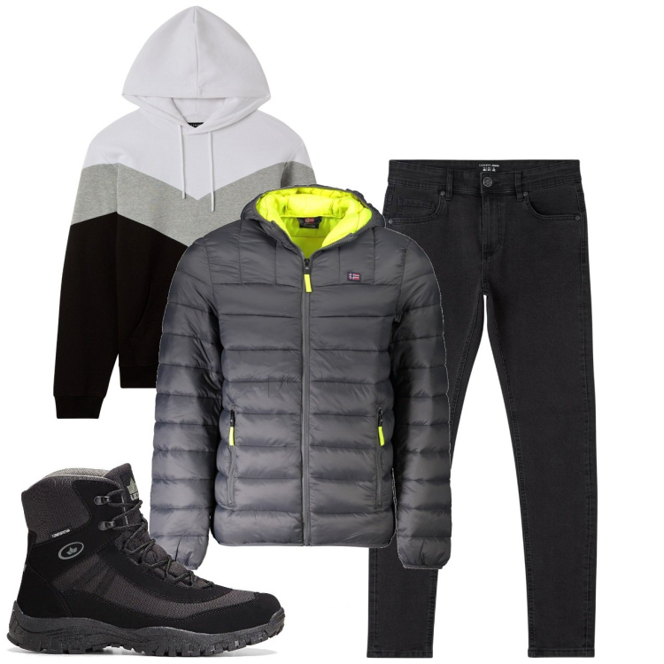 Outfit uomo - Con il freddo. Stile Urban per Tutti i giorni. Abbinamento con stivali e stivaletti, jeans skinny, felpe con cappuccio, giacche.