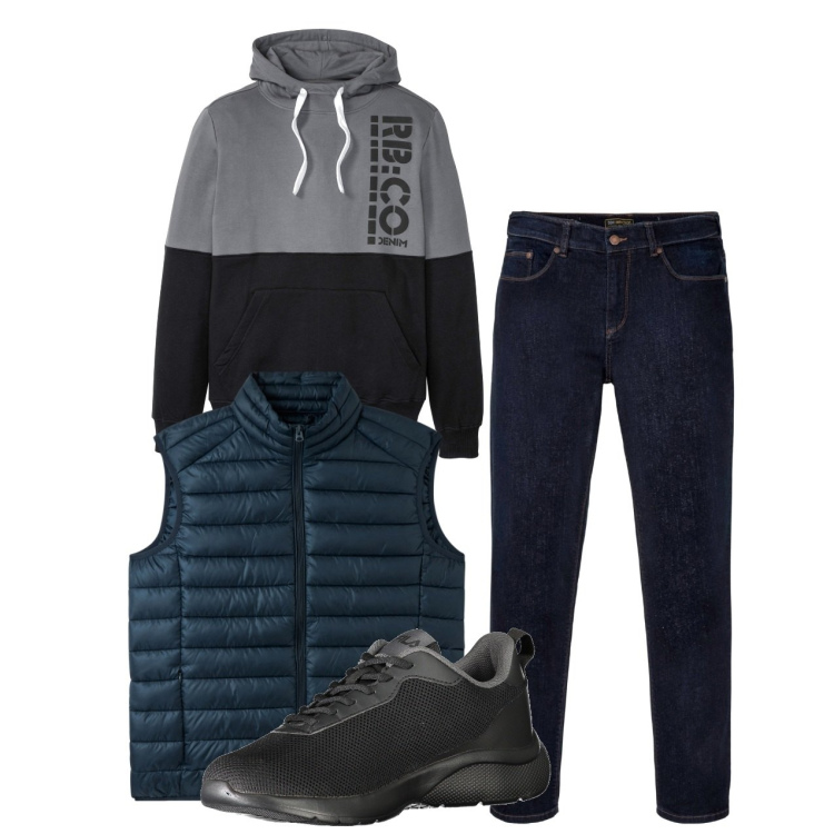 Outfit uomo - Carbone. Stile Casual per Tutti i giorni. Abbinamento con felpe con cappuccio, jeans dritti, gilet, sneakers.