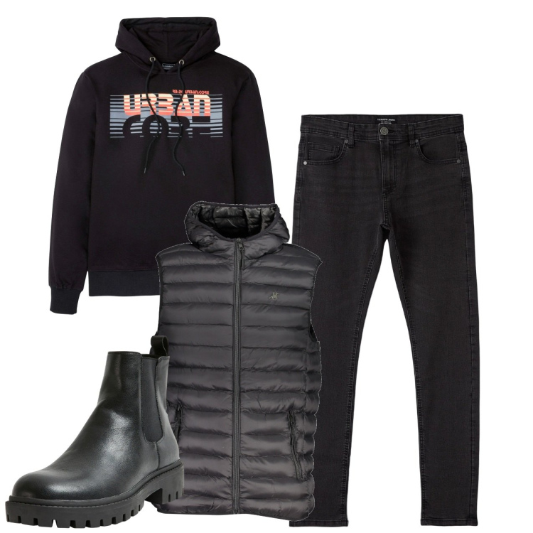 Outfit uomo - Nero. Stile Urban per Tutti i giorni. Abbinamento con felpe con cappuccio, jeans skinny, stivali e stivaletti, giacche.