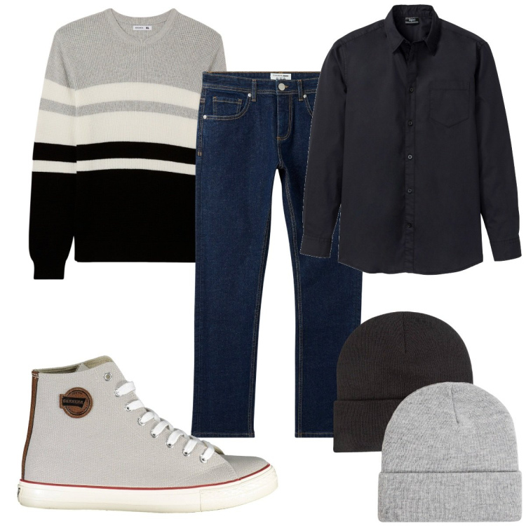Outfit uomo - Total look #1988759. Stile Trendy per Tutti i giorni. Abbinamento con camicie, maglieria, jeans, berretti, sneakers.