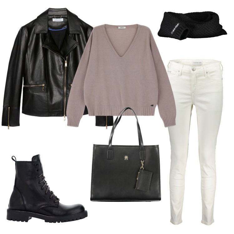 Outfit donna - Maglia & go. Stile Casual per Tutti i giorni. Abbinamento con stivaletti, maglieria, borse a spalla, blazer, jeans skinny, sciarpe.