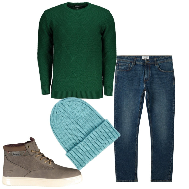 Outfit uomo - Il cappello azzurro. Stile Casual per Tutti i giorni. Abbinamento con jeans, berretti, stivali, maglieria.