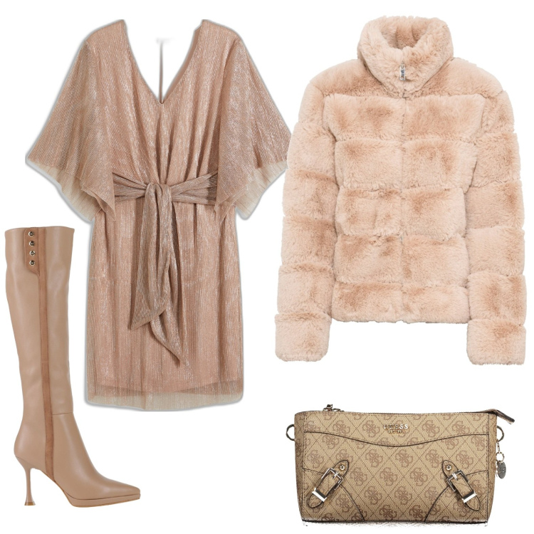 Outfit donna - Il vestito effetto lucido. Stile Chic per Serata fuori. Abbinamento con vestiti, ecopellicce, stivali, borse a tracolla.