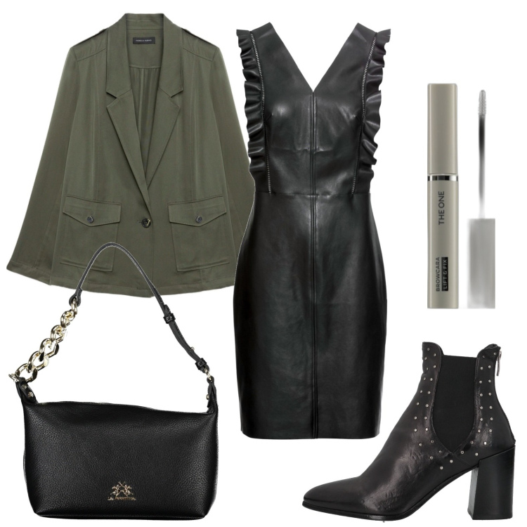 Outfit donna - L\'abito corto grintoso. Stile Chic per Ufficio. Abbinamento con vestiti, stivaletti chelsea, mascara, blazer, borse a spalla.